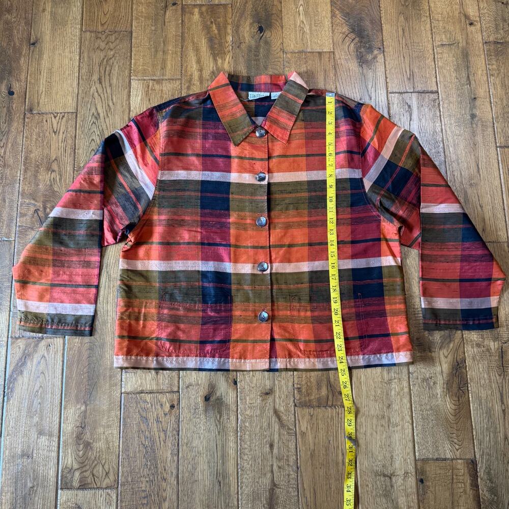 Vtg Tantrums Collection Womens Sz XL Orange Green Plaid 100% Silk Button Blouse - Picture 3 of 5